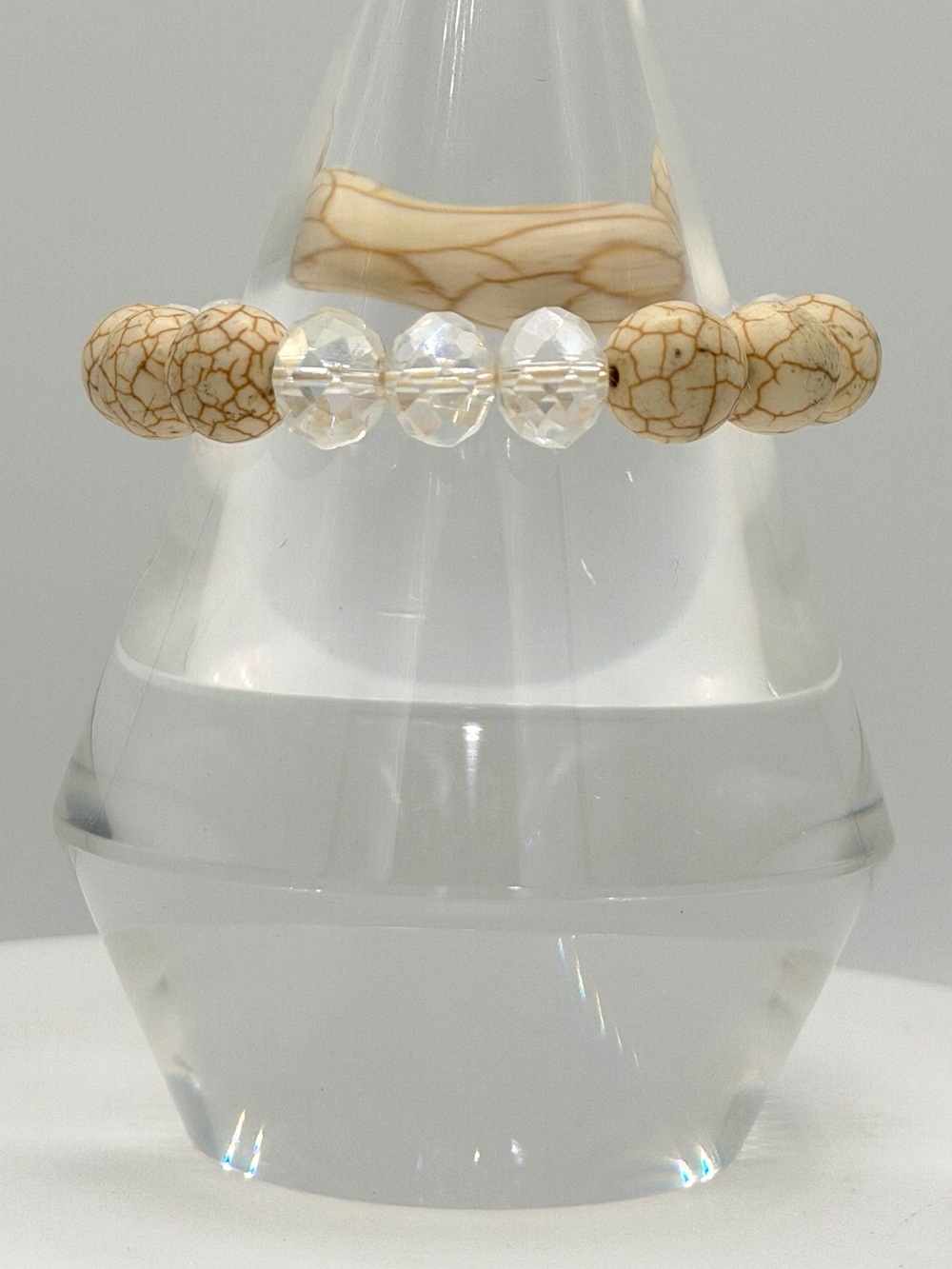 Chunky Beaded Bracelet Clear Beads & Cream Crackle Woman’s Fashion Jewelry